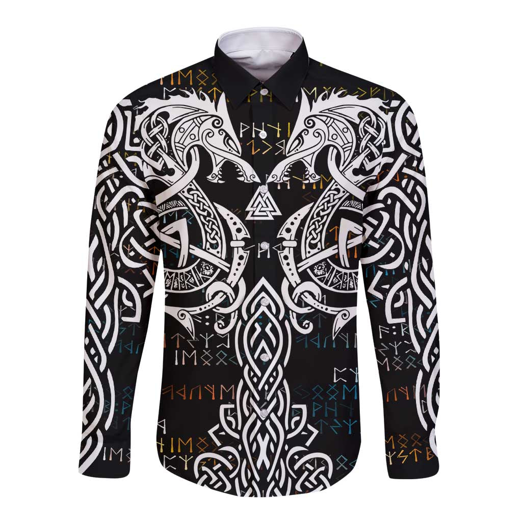 Viking Runes and Norse Mythology Symbols Long Sleeve Button Shirt Celtic Knotwork Tribal Illustration Style