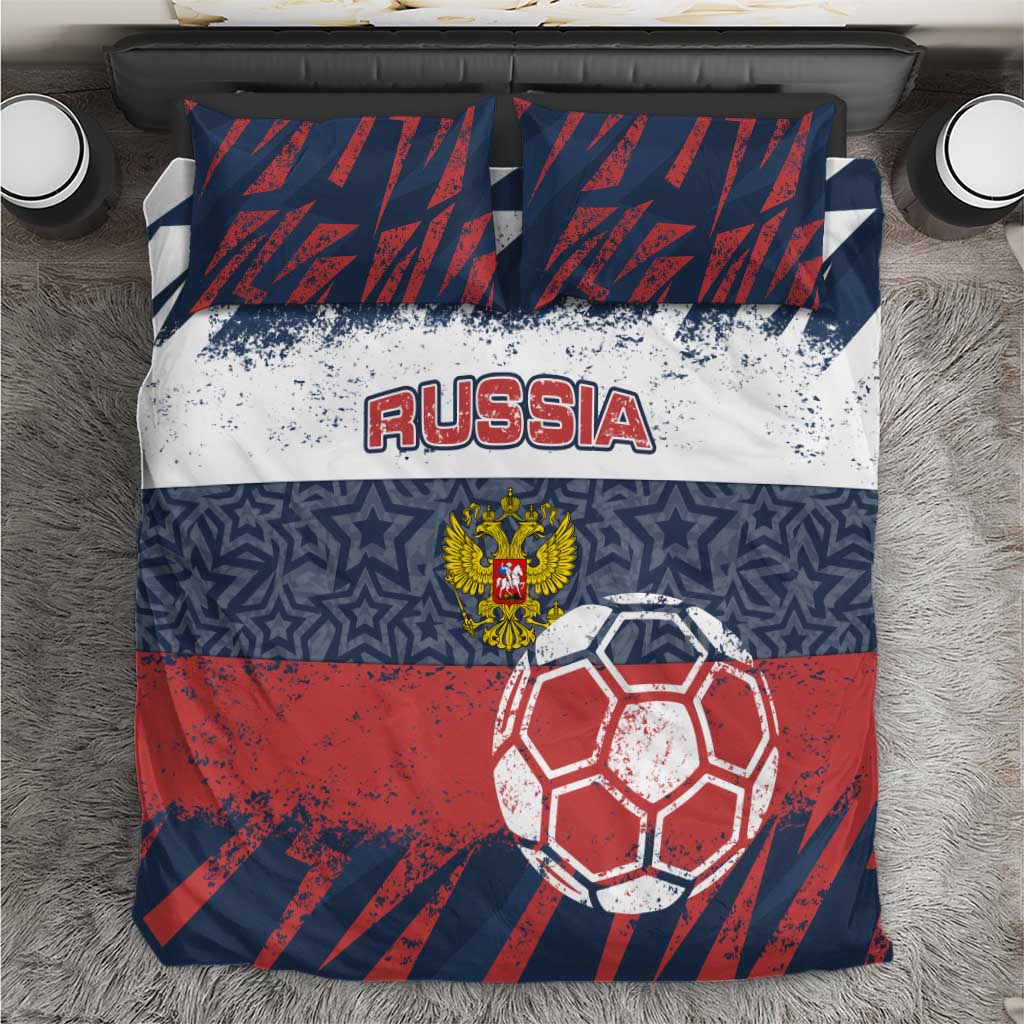 Russia bedding set with blue red white soccer ball, stars, and 'RUSSIA' text