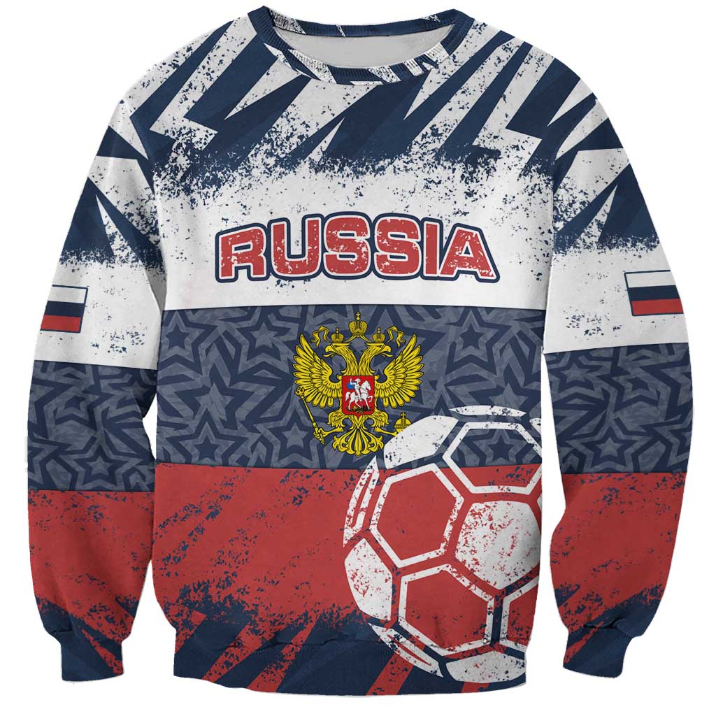 Personalized Russia Athletics Sweatshirt with Soccer Ball, National Emblem, and Grunge Flag Design