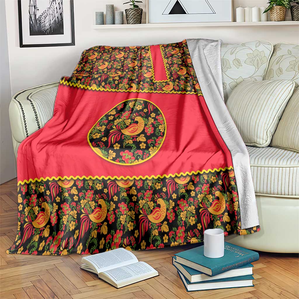 Russia Folk Art Blanket with Khokhloma Pattern and Traditional Rooster Design