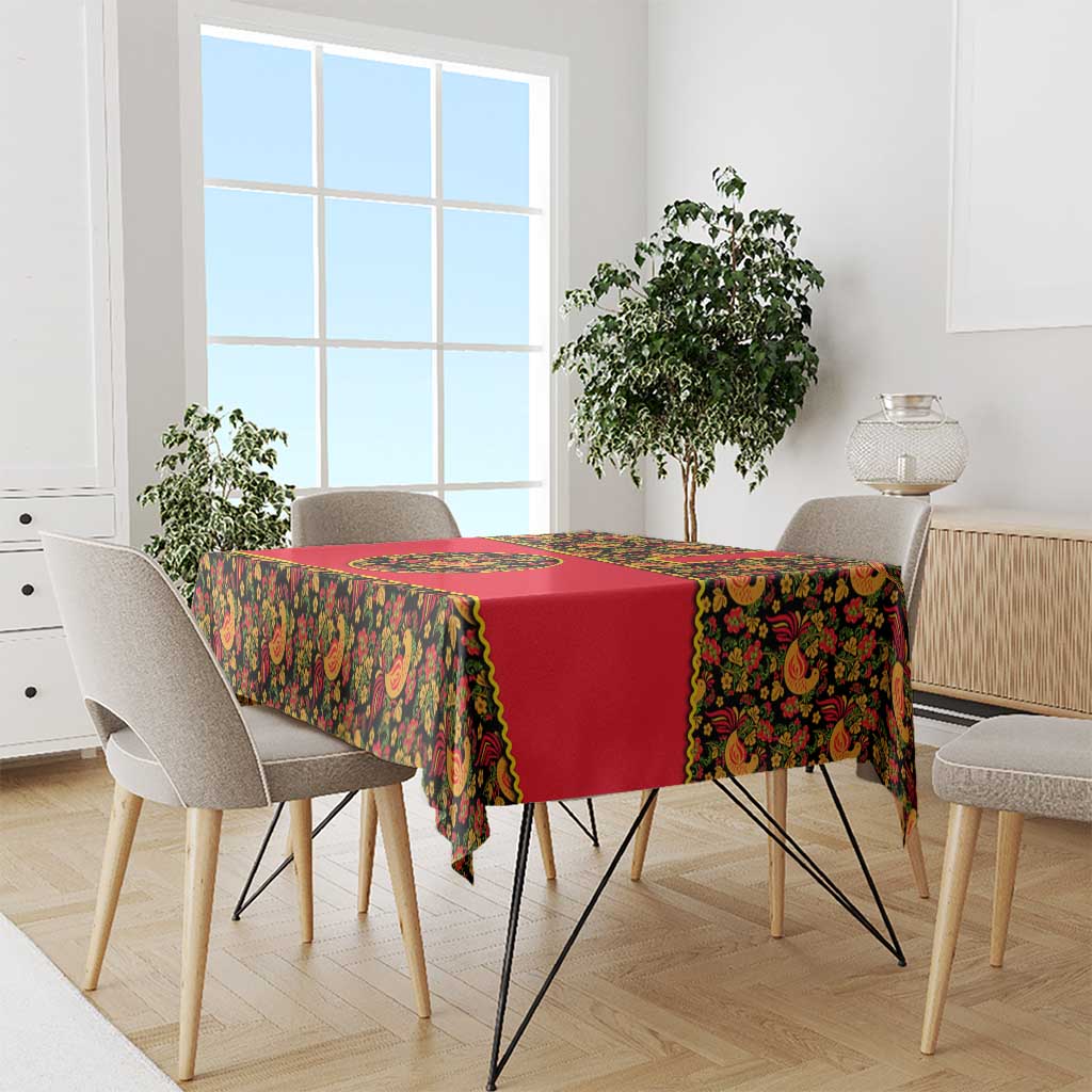 Russia Folk Art Tablecloth with Khokhloma Pattern and Traditional Rooster Design
