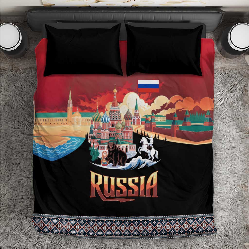 Black and red Russia bedding set with two black pillowcases and skyline bear-horse print