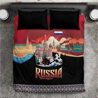 Black and red Russia bedding set with two black pillowcases and skyline bear-horse print
