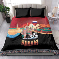 Black and red Russia bedding set with two pillowcases; skyline bear and horse artwork