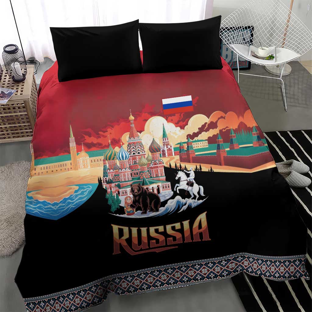 Black and red Russia bedding set with two black pillowcases; skyline scene with Russia text