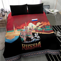 Black and red Russia bedding set with two black pillowcases; skyline scene with Russia text