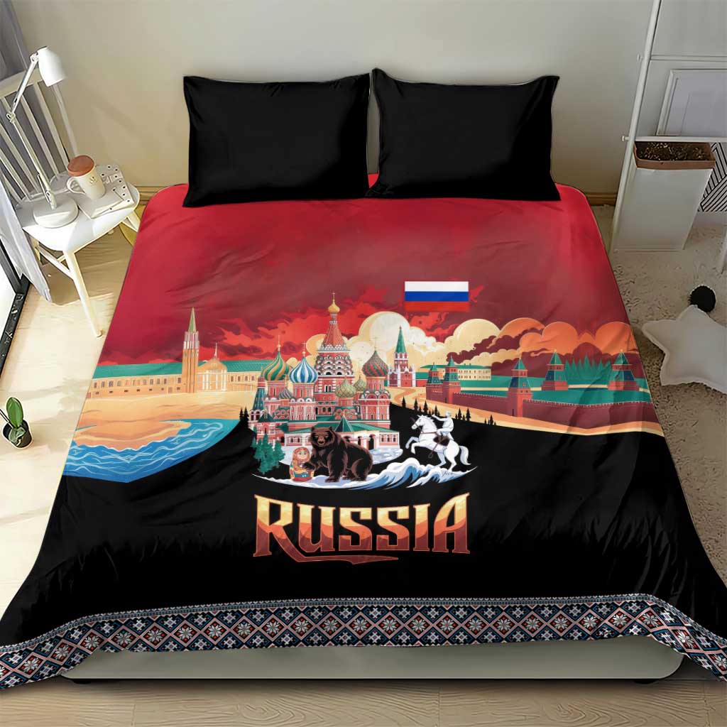 Black and red Russia bedding set with two black pillowcases; colorful skyline and bear-horse art