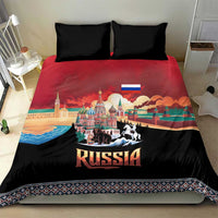 Black and red Russia bedding set with two black pillowcases; colorful skyline and bear-horse art