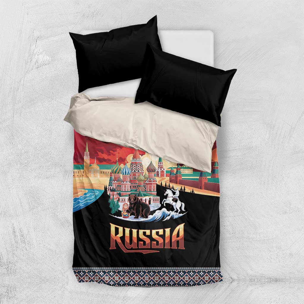 Black and red Russia bedding set with two black pillowcases; skyline bear and horse on duvet