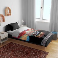 Black and red Russia bedding set with two black pillowcases; bold skyline print and border trim
