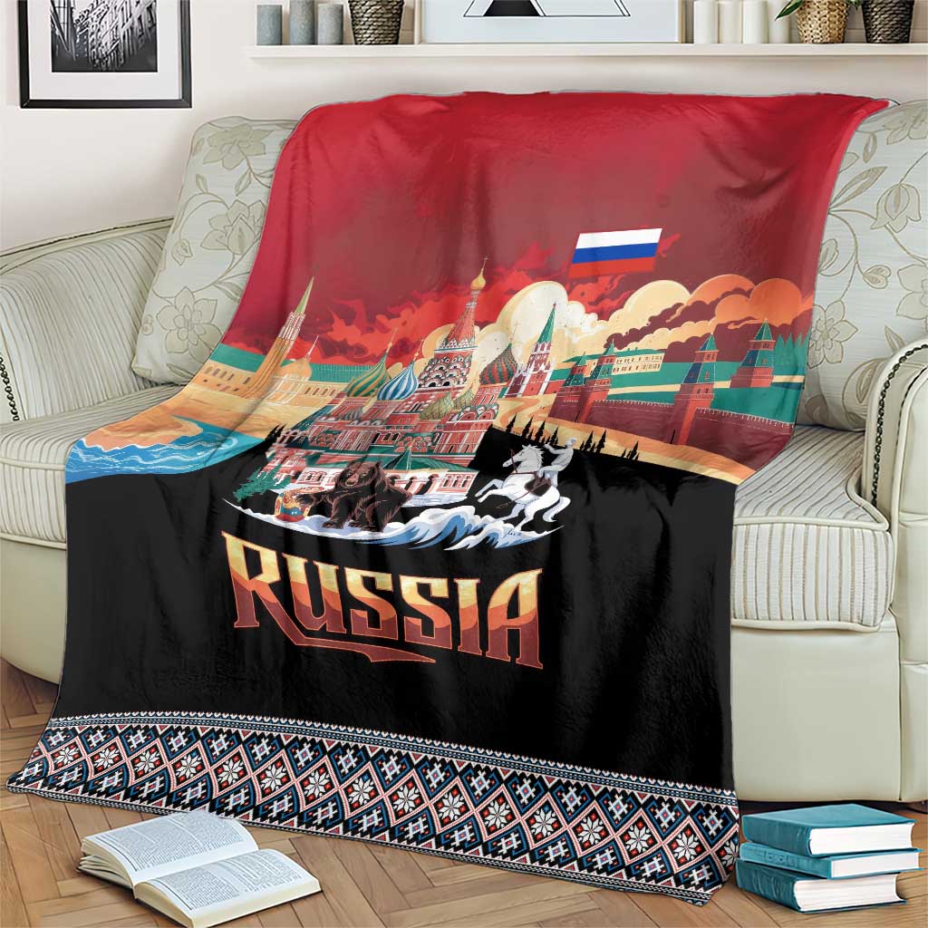 Russia Flag Red and Black Pullover Blanket with Moscow Skyline Bear and Horse Design