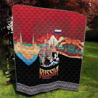 Red and black quilt blanket with Russia skyline artwork, bear and horse, and 'RUSSIA' text