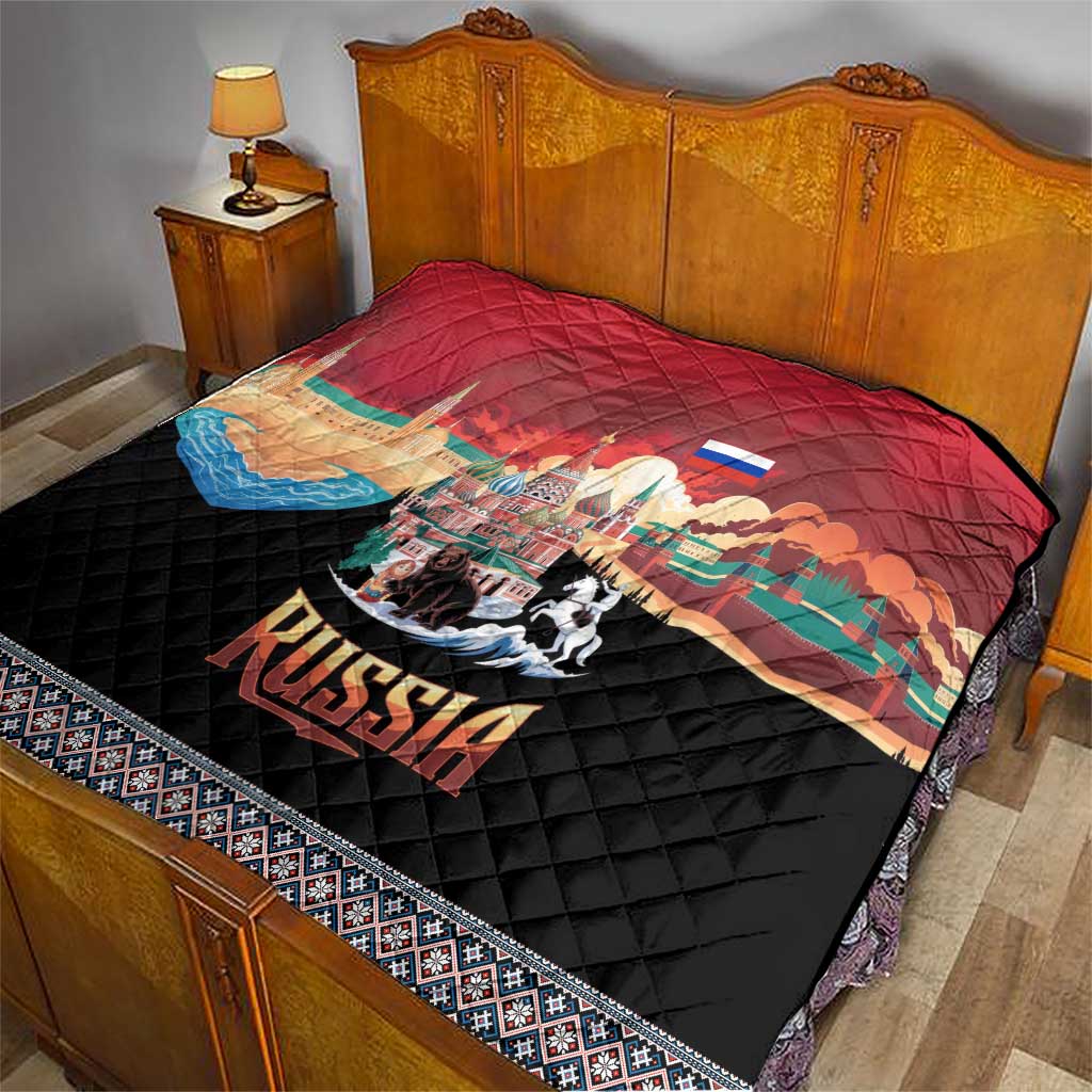 Red and black quilt blanket on a bed, featuring Russia skyline, bear and horse, 'RUSSIA'