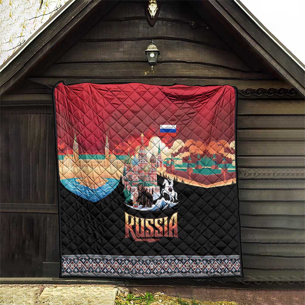 Red and black quilt blanket hanging outdoors with Russia skyline scene, bear and horse, 'RUSSIA'