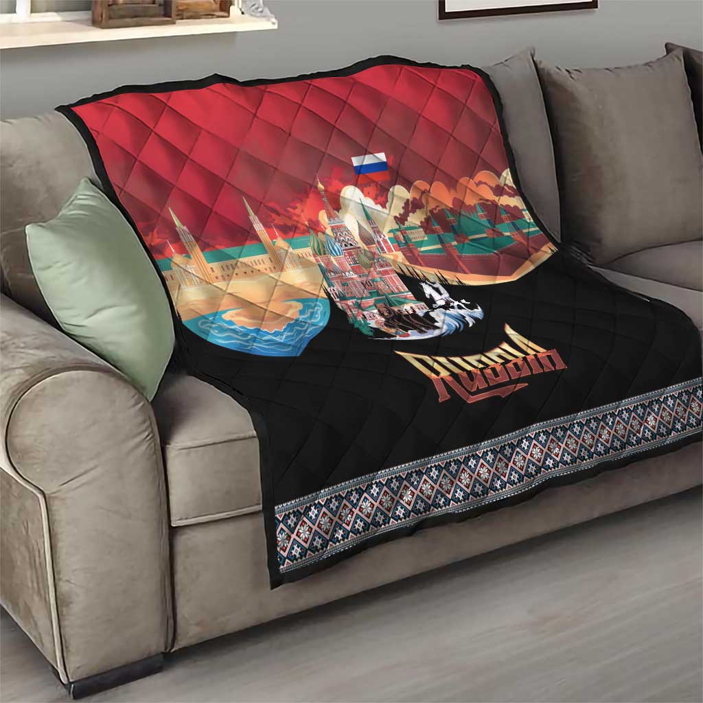 Red and black quilt blanket on a sofa showing Russia skyline, bear and horse, 'RUSSIA'