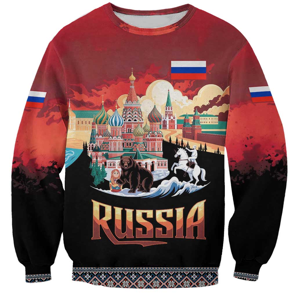 Russia Flag Red and Black Pullover Sweatshirt with Moscow Skyline Bear and Horse Design