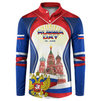 Russia-themed button sweatshirt with red collar, blue sleeves, and Kremlin emblem graphic