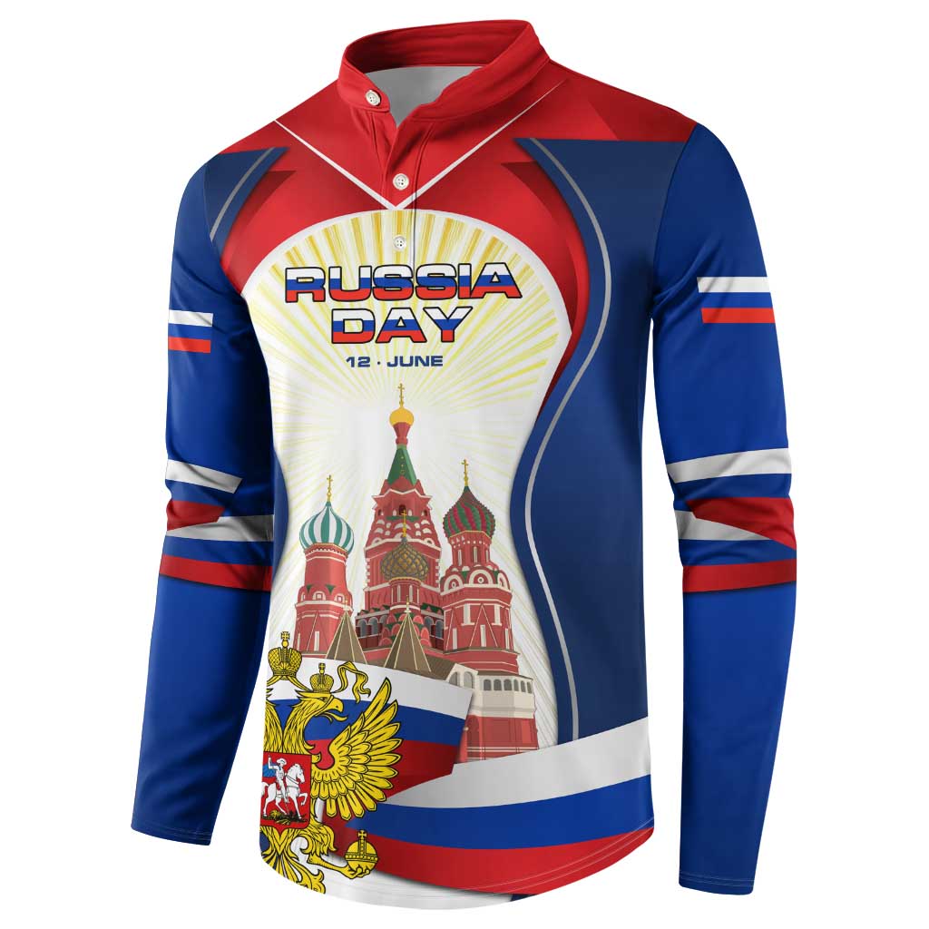 Russia-themed button sweatshirt with 'RUSSIA DAY' graphic, Kremlin buildings, and tricolor stripes
