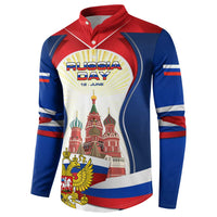 Russia-themed button sweatshirt with 'RUSSIA DAY' graphic, Kremlin buildings, and tricolor stripes
