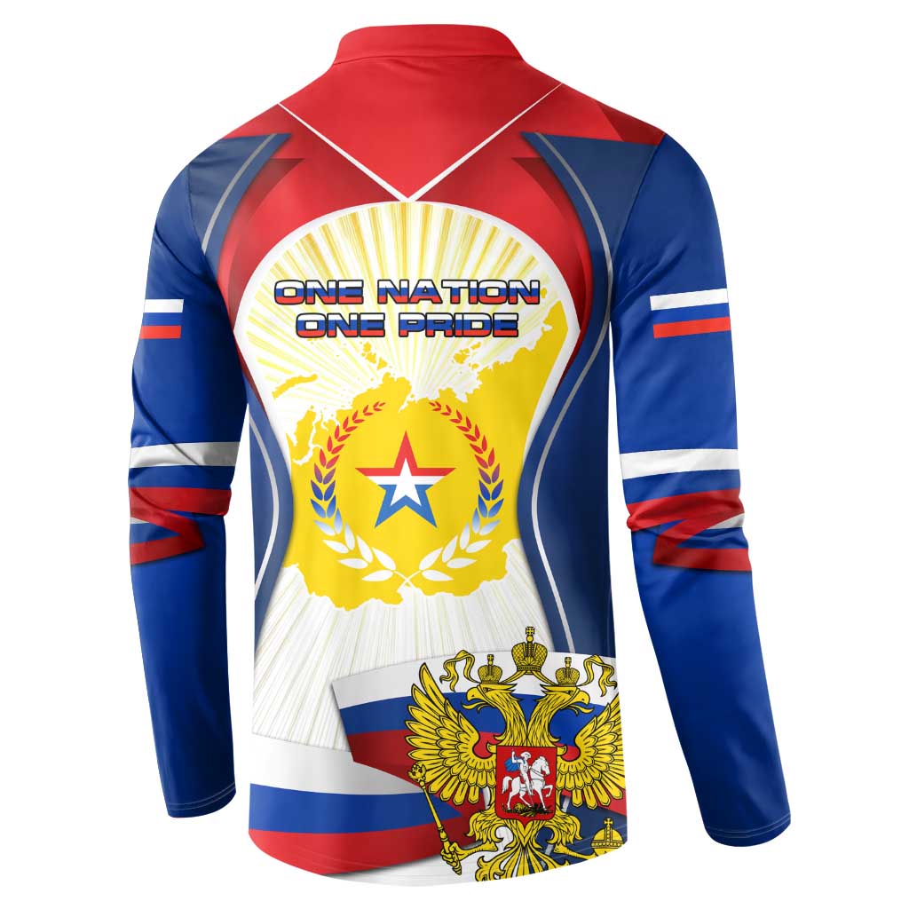Russia-themed button sweatshirt with 'ONE NATION ONE PRIDE' crest, laurel star, and tricolor