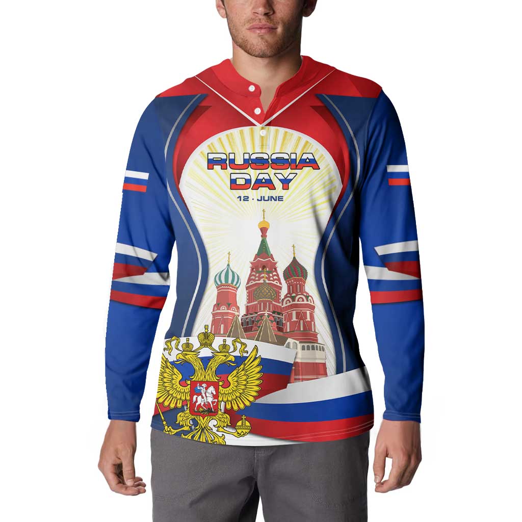 Russia-themed button sweatshirt with 'RUSSIA DAY' crest, Kremlin skyline, and striped sleeves