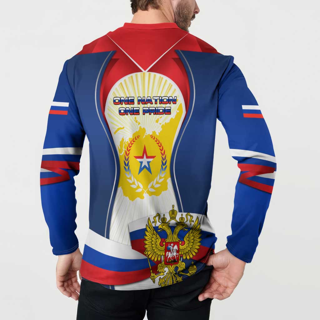 Russia-themed button sweatshirt with 'ONE NATION ONE PRIDE' back crest and laurel star