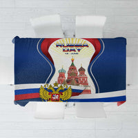 Russia Day tablecloth with Kremlin scene, emblem, and flag-striped blue, red, white