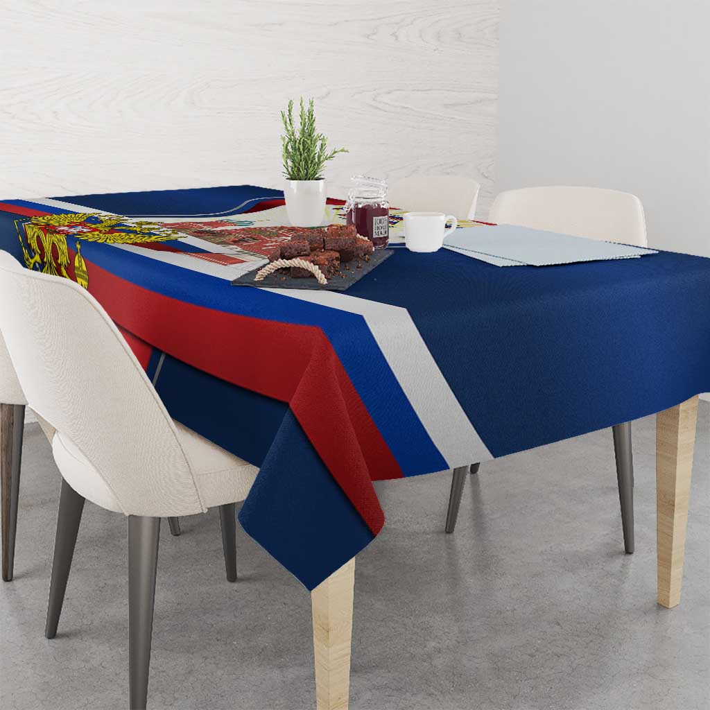 Russia Day tablecloth on table, blue surface with bold red and white stripe pattern
