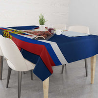 Russia Day tablecloth on table, blue surface with bold red and white stripe pattern