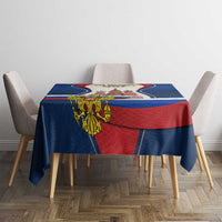 Russia Day tablecloth on table, blue with red stripe and yellow crest emblem detail