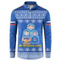 Blue button-front sweatshirt with folk matryoshka print and banded collar