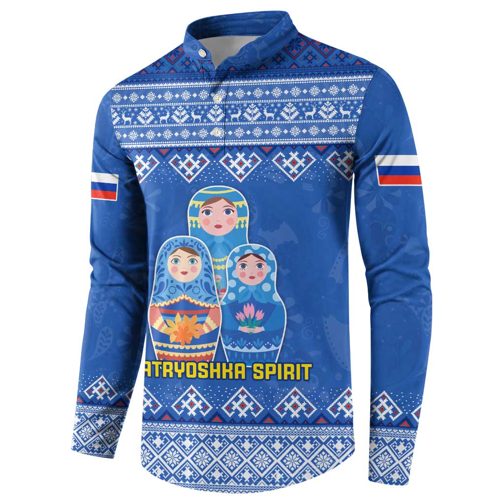 Blue button-front sweatshirt with matryoshka dolls folk pattern and striped cuffs