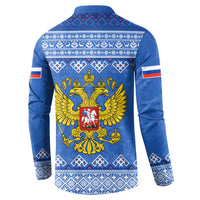 Blue button-front sweatshirt with back eagle emblem and white folk border