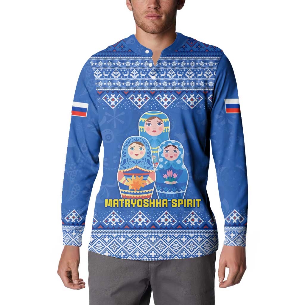 Blue button-front sweatshirt with matryoshka dolls folk print and knit collar