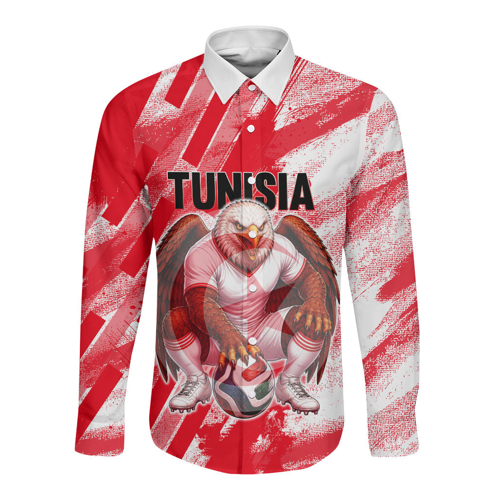 Personalized Tunisia Football Long Sleeve Button Shirt Tunisian Flag Carthage Eagles Mascot Grunge Style