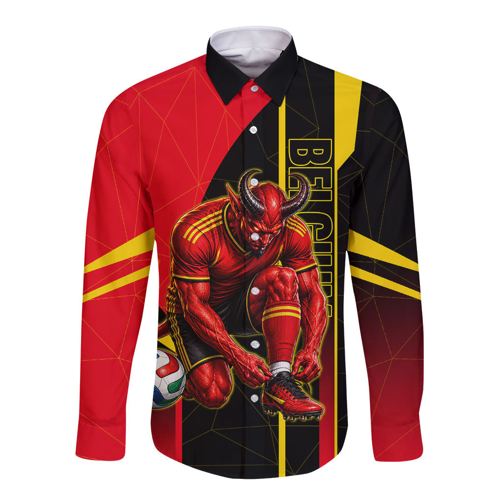 Personalized Belgium Soccer Red Devils Mascot Long Sleeve Button Shirt Royal Belgian Football Geometric Simple Style