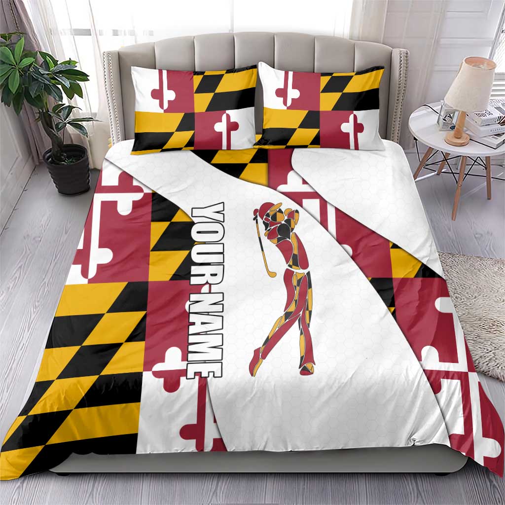 Golf Player Silhouette Bedding Set Maryland Flag Pattern and Custom Name Panel Design - Wonder Print Shop
