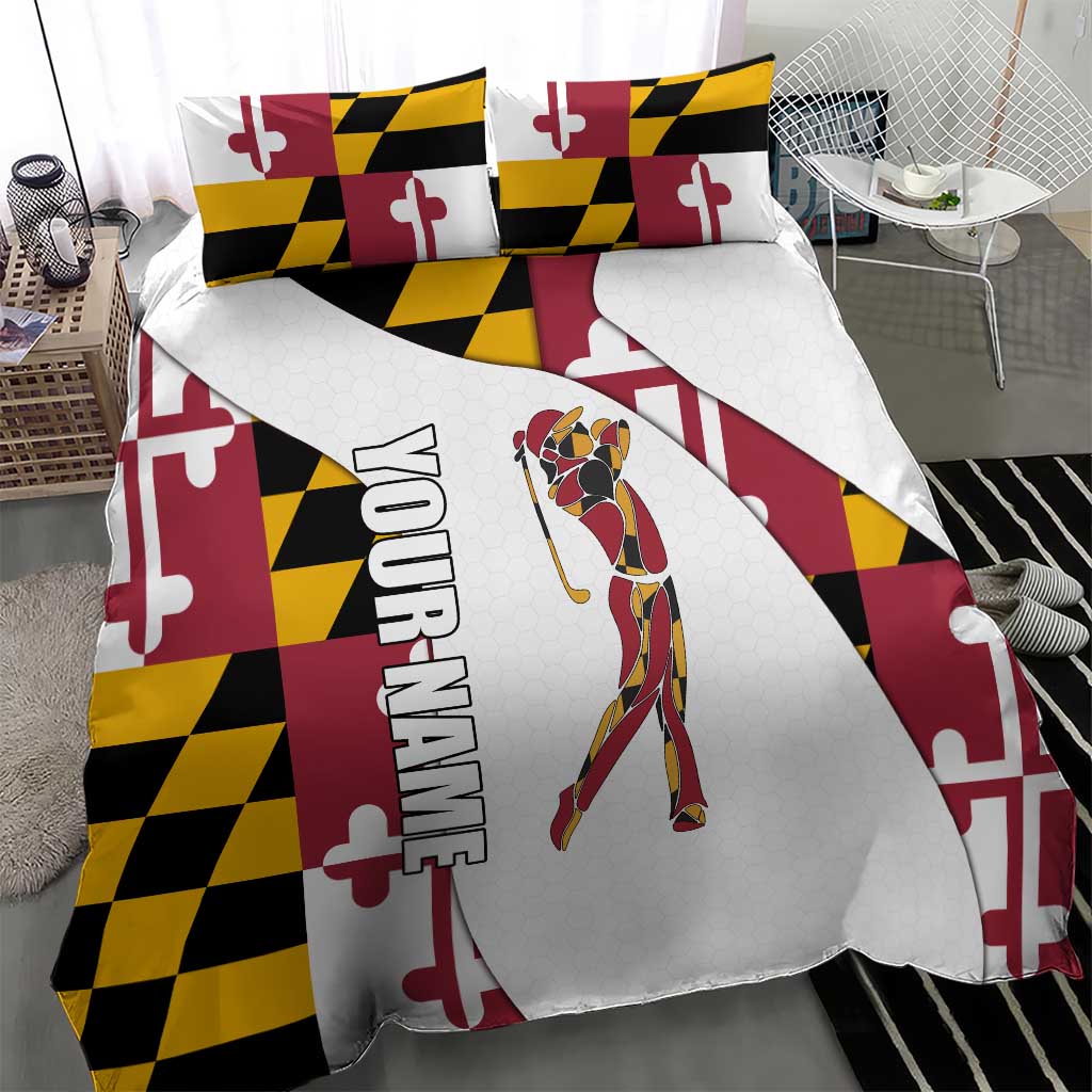 Golf Player Silhouette Bedding Set Maryland Flag Pattern and Custom Name Panel Design - Wonder Print Shop