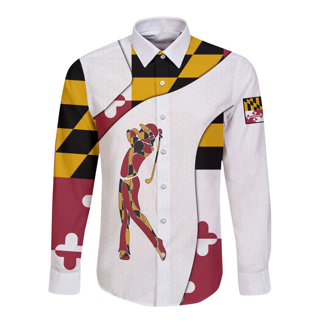 Golf Player Silhouette Long Sleeve Button Shirt Maryland Flag Pattern and Custom Name Panel Design - Wonder Print Shop