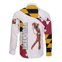 Golf Player Silhouette Long Sleeve Button Shirt Maryland Flag Pattern and Custom Name Panel Design - Wonder Print Shop