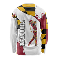 Golf Player Silhouette Long Sleeve Shirt Maryland Flag Pattern and Custom Name Panel Design - Wonder Print Shop