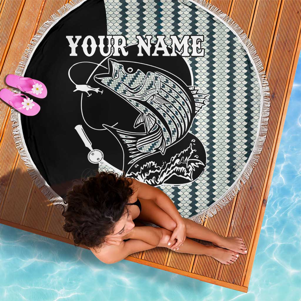 Striped Bass Jumping Graphic Beach Blanket Rod Reel and Airplane on Fish Scale Pattern - Wonder Print Shop
