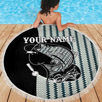 Striped Bass Jumping Graphic Beach Blanket Rod Reel and Airplane on Fish Scale Pattern - Wonder Print Shop
