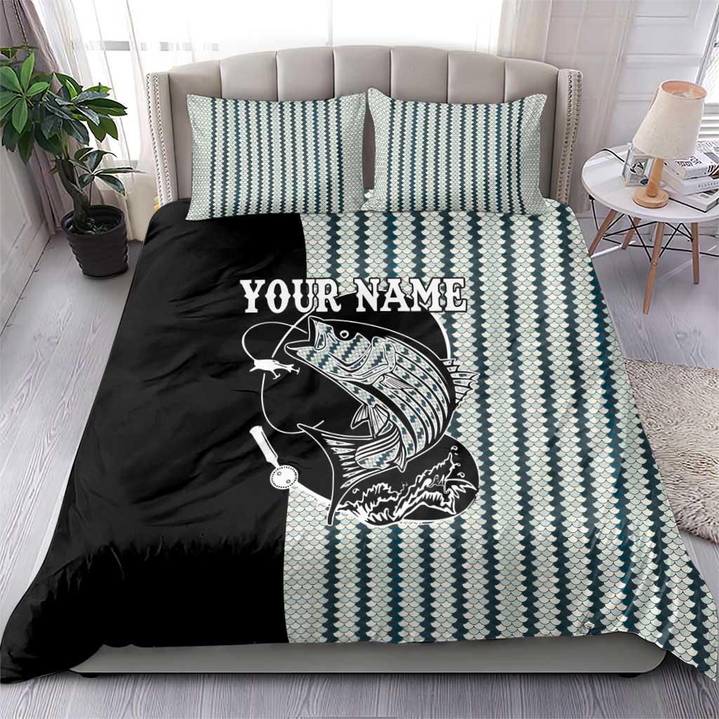 Striped Bass Jumping Graphic Bedding Set Rod Reel and Airplane on Fish Scale Pattern - Wonder Print Shop
