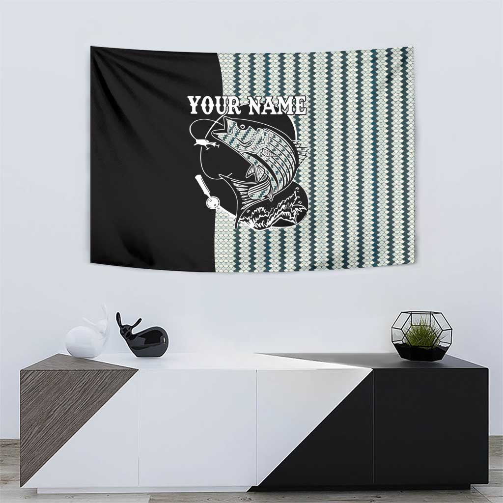 Striped Bass Jumping Graphic Tapestry Rod Reel and Airplane on Fish Scale Pattern - Wonder Print Shop