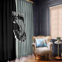 Fish-scale patterned window curtains with hanging fish jump graphic, black and teal