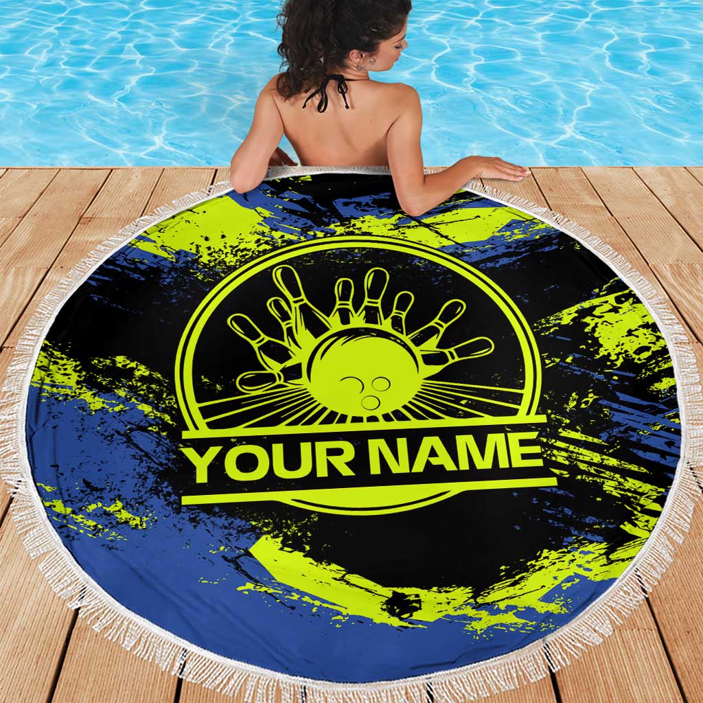 Abstract Blue and Yellow Bowling Ball Strike Design Beach Blanket with Custom Name Print - Wonder Print Shop