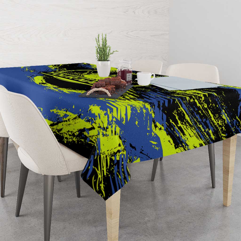 Abstract Blue and Yellow Bowling Ball Strike Design Tablecloth with Custom Name Print - Wonder Print Shop