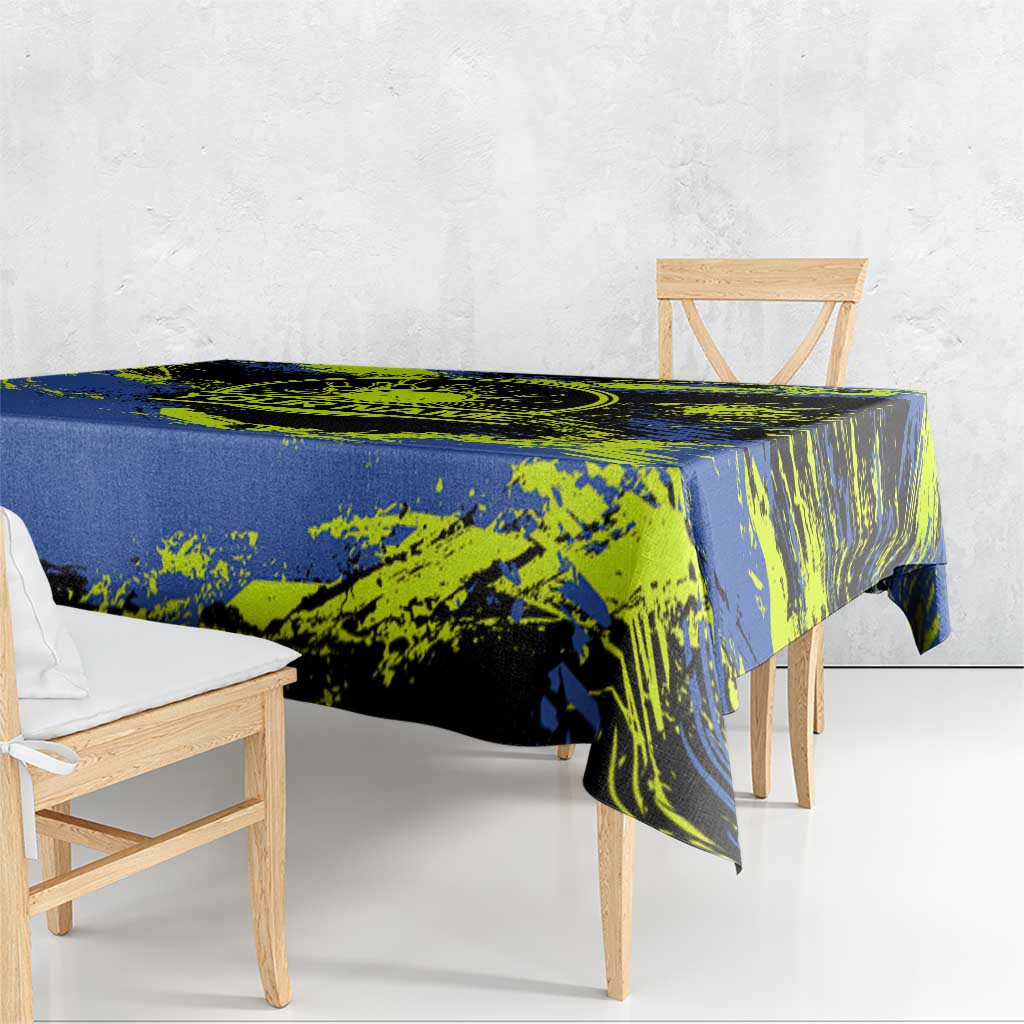 Abstract Blue and Yellow Bowling Ball Strike Design Tablecloth with Custom Name Print - Wonder Print Shop