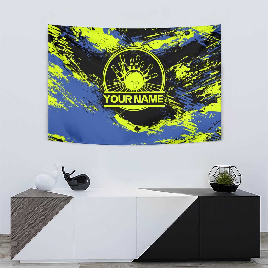 Abstract Blue and Yellow Bowling Ball Strike Design Tapestry with Custom Name Print - Wonder Print Shop